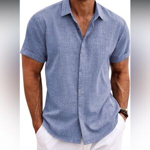 Men's Blue Short Sleeve Shirt Linen Shirt size Large